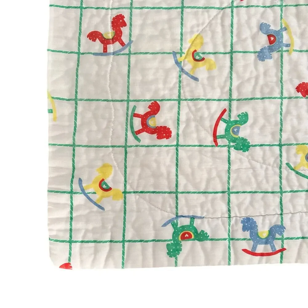 Vintage 80s Quilted White Green Grid Rainbow Rocking Horse Print Baby Blanket